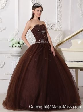 Brown Ball Gown Sweetheart Floor-length Tulle Rhinestone Quinceanera Dress