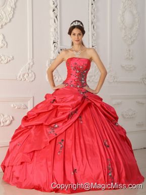 Coral Red Ball Gown Strapless Floor-length Taffeta Appliques Quinceanera Dress