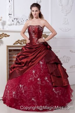 Wine Red Ball Gown Strapless Floor-length Taffeta and Organza Embroidery Quinceanera Dress