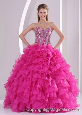 Fuchsia Ruffles Ball Gown Sweetheart Beaded Decorate Quinceanera Gowns in Sweet 16