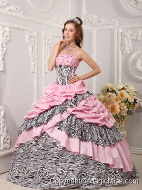 Romantic Ball Gown Strapless Floor-length Taffeta and Zara Beading Pink Quinceanera Dress