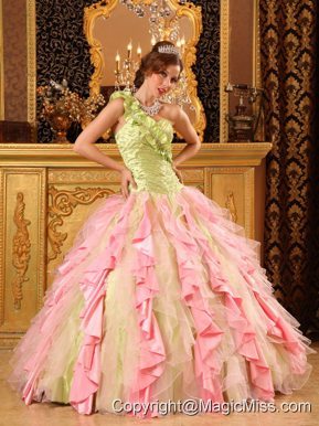 Multi-Color Ball Gown One Shoulder Floor-length Taffeta And Organza Beading And Ruffles Quinceanera Dress