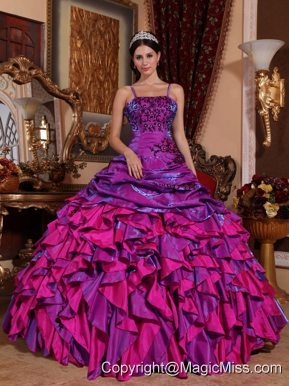 Purple and Fuchsia Ball Gown Straps Floor-length Satin Embroidery with Beading Quinceanera Dress