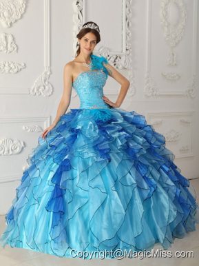 Aqua Blue Ball Gown One Shoulder Floor-length Satin and Organza Beading Quinceanera Dress