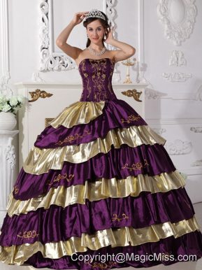 Purple and Gold Ball Gown Strapless Floor-length Taffeta Embroidery Quinceanera Dress