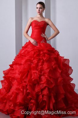 Red A-Line / Princess Sweetheart Brush Train Organza Beading and Ruffles Quinceanea Dress