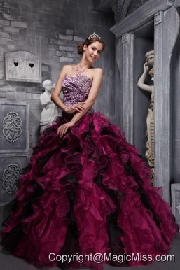 Burgundy Ball Gown Sweetheart Floor-length Zebra and Organza Ruffles and Beading Quinceanera Dress