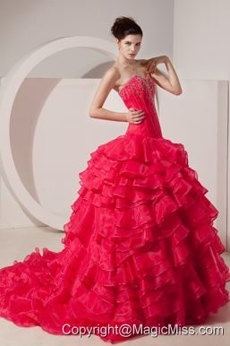 Coral Red A-line / Princess Sweetheart Brush Train Taffeta Beading Prom Dress