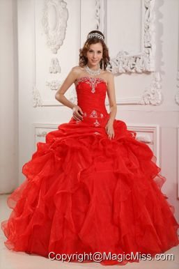 Red Ball Gown Strapless Floor-length Organza Beading And Ruffles Quinceanera Dress