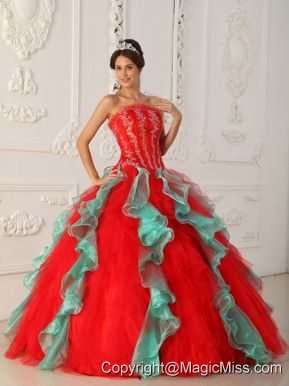 Red and Green Ball Gown Strapless Floor-length Appliques and Beading Quinceanera Dress