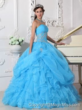 Aqua Blue Ball Gown Strapless Floor-length Organza Beading Quinceanera Dress