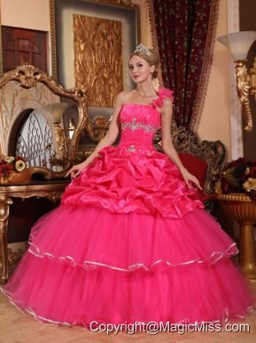 Hot Pink Ball Gown One Shoulder Floor-length Organza Beading and Pick-ups Quinceanera Dress