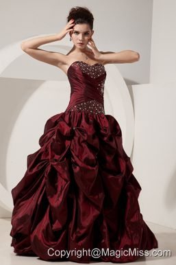 Burgundy A-line / Princess Sweetheart Floor-length Taffeta Beading Prom Dress