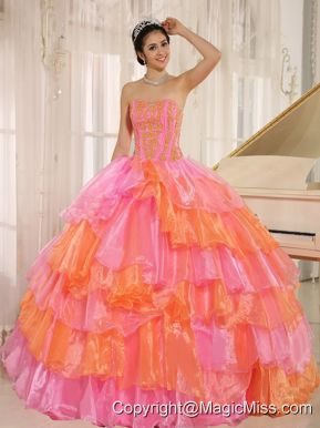 Ruflfled Layers and Appliques Decorate Up Bodice For Rose Pink and Orange Quinceanera Dress Customize Aiea City Hawaii