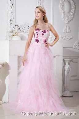Baby Pink A-line Sweetheart Brush Train Taffeta and Tulle Appliques Prom Dress