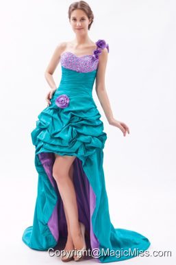 Turquoise and Lavender A-line One Shoulder High-low Taffeta Beading and Hand Made FLowers Prom Dress