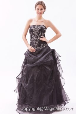 Black A-line / Princess Strapless Floor-length Organza Beading Prom Dress