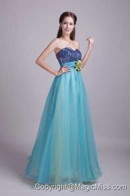 Baby Blue A-Line / Princess Sweetheart Floor-length Organza Handle-made Flower Prom Dress