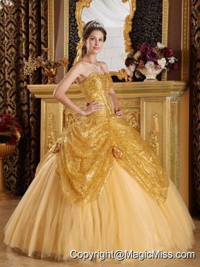 Gold Ball Gown Sweetheart Floor-length Sequined and Tulle Handle Flowers Quinceanera Dress