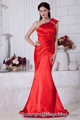 Red Mermaid One Shoulder Brush Train Taffeta Beading Prom / Evening Dress