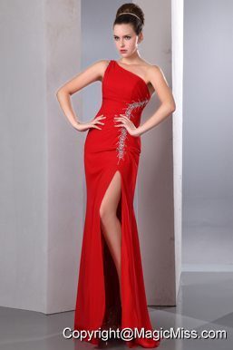 Red Column One Shoulder Floor-length Chiffon Beading Prom Dress