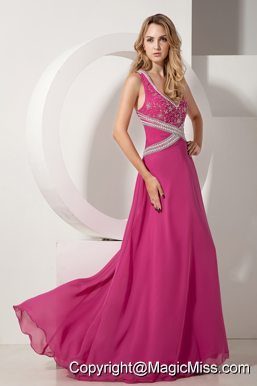 Hot Pink A-line V-neck Floor-length Chiffon Appliques With Beading Prom dress
