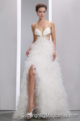 White A-line Spaghetti Straps Floor-length Organza Beading Prom Dress