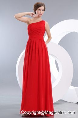 Red Empire One Shoulder Floor-length Chiffon Ruch Prom / Evening Dress