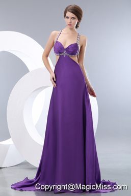 Purple Empire Straps Brush Train Elastic Woven Satin Beading Prom / Evening Dress