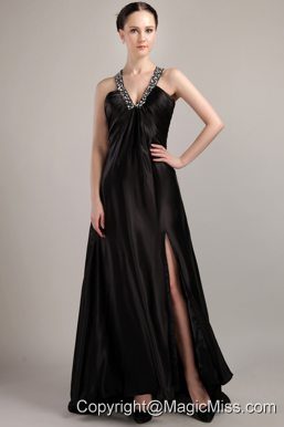 Black Empire V-neck Sweep / Brush Elastic Woven Satin Beading Prom Dress