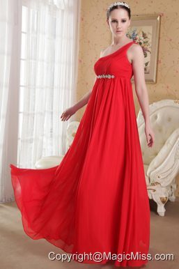 Red Empire One Shoulder Floor-length Chiffon Beading and Ruch Prom / Evening Dress