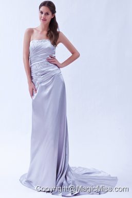 Lilac Column Strapless Brush Train Beading Elastic Wove Satin Beading Prom Dress