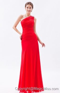 Red Column / Sheath One Shoulder Floor-length Chiffon Beading Prom Dress