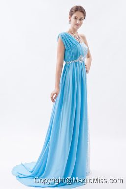 Baby Blue Empire One Shoulder Brush Train Chiffon and Lace Beading Prom Dress