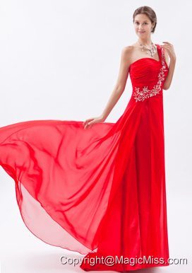 Red Empire One Shoulder Brush Train Chiffon Beading Prom Dress