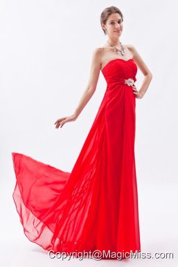 Red Empire Strapless Brush Train Chiffon Beading Prom Dress