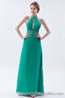 Turquoise Column / Sheath High-neck Floor-length Chiffon Beading Prom Dress