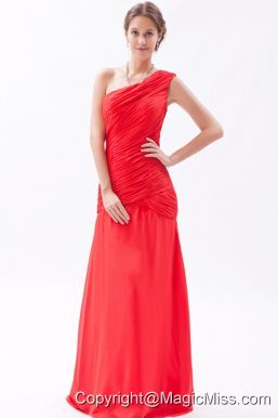 Red Column / Sheath One Shoulder Floor-length Chiffon Ruch Prom Dress
