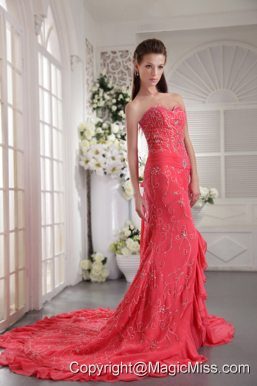 Coral Red Column Sweetheart Court Train Chiffon Appliques Prom / Evening Dress