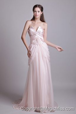 Pink Empire Strapless Brush Train Chiffon Pleat Prom Dress