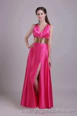 Hot Pink Empire V-neck Floor-length Taffeta Sash Prom / Evening Dress