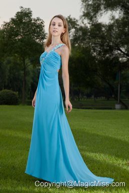 Baby Blue Empire One Shoulder Brush Train Chiffon Appliques and Ruch Prom / Celebrity Dress