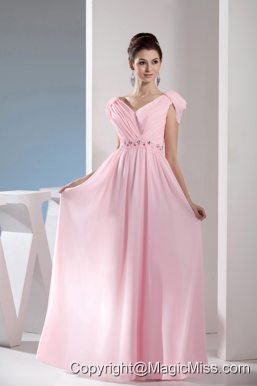 Beading V-neck Empire long Pink Prom Dress with Side Zipper