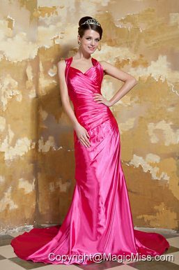 Hot Pink Column V-neck Court Train Taffeta Beading Prom Dress