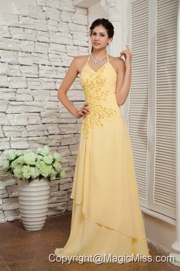 Light Yellow Empire Halter Brush Train Chiffon Appliques Prom Dress