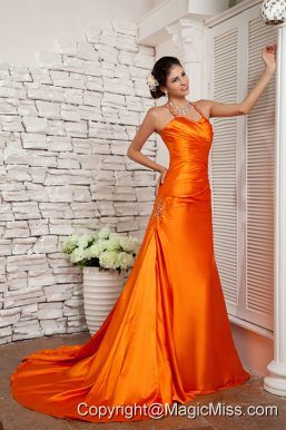 Orange Red A-line Straps Brush Train Elastic Woven Satin Beading Prom / Evening Dress