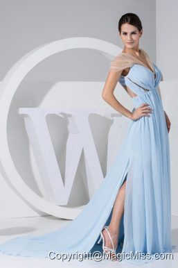 High Slit Light Blue Chiffon Brush Train Prom Dress For 2013 Ruching V-neck
