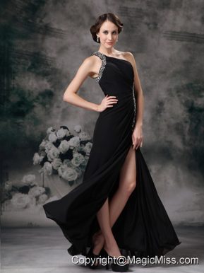 Customize Black Empire One Shoulder Evening Dress Chiffon Beading Floor-length