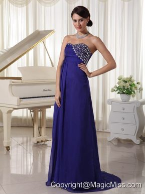 Purple Empire Chiffon Brush Train Custom Made Prom Party Dress With Beading Decorated Sweetheart
