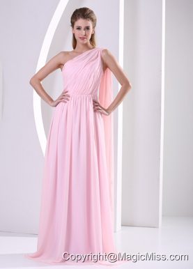 Discount One Shoulder Watteau Train Ruched Bodice 2013 Prom Dress Baby Pink Chiffon